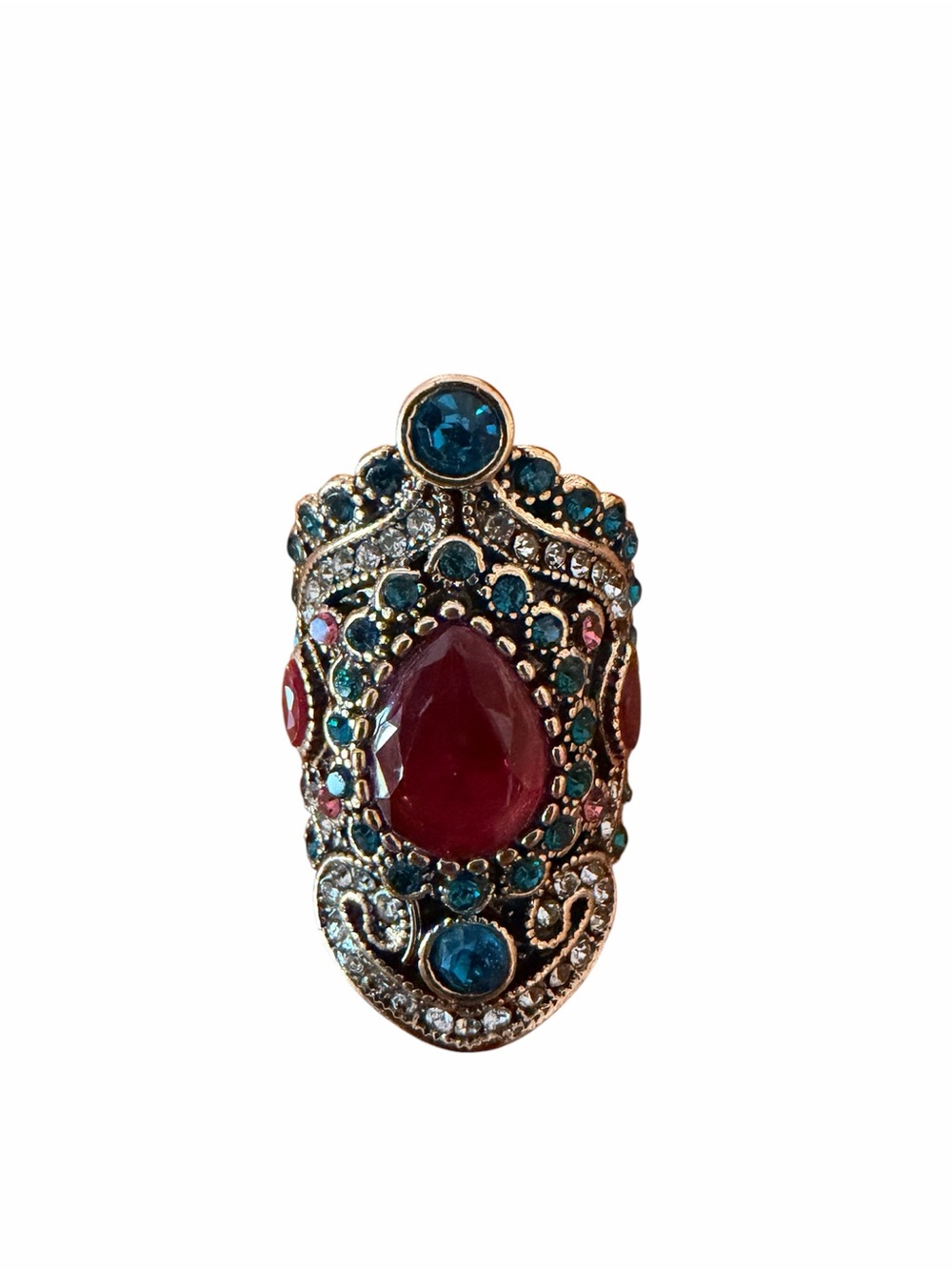 Gold-Tone Statement Cocktail Ring with Red Teardrop and Blue Accents